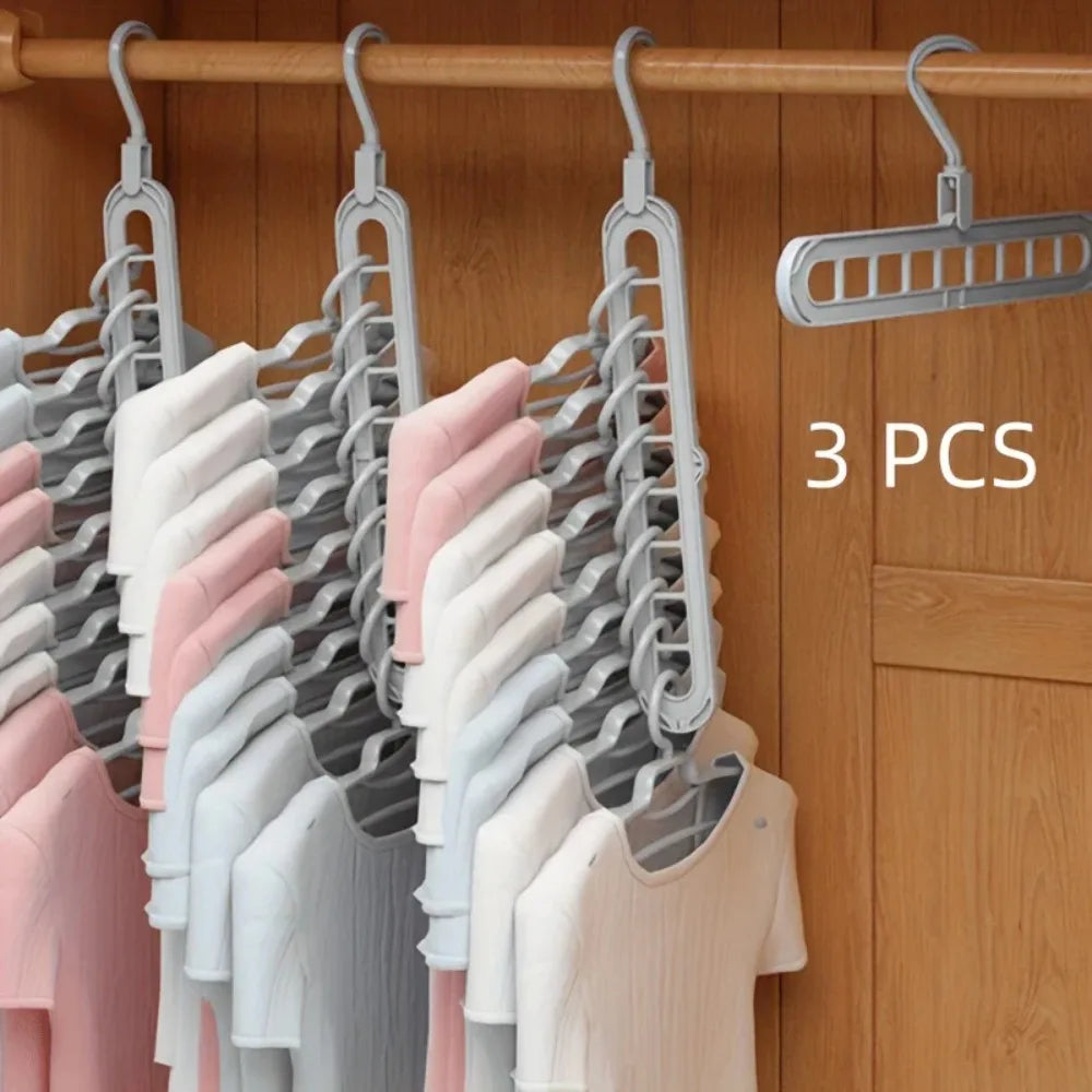 3-Piece Foldable 9-Hole Clothes Hanger - Space-Saving Wardrobe Organizer with Multi-Functional Hooks